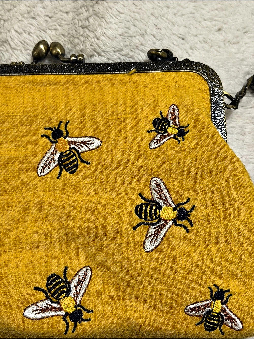 Bee Embroidered Shoulder Bag in Yellow & White